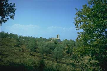 Trevi, Italy. Manciano, voc. Elceto. Church of S. Martino in the midst of the olive trees.